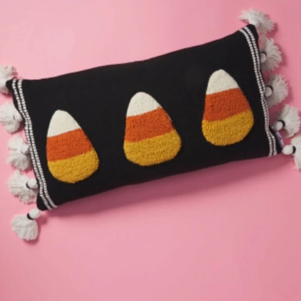 Candy Corn Halloween Tufted Embroidered Tassel Pillow Black Yellow Orange